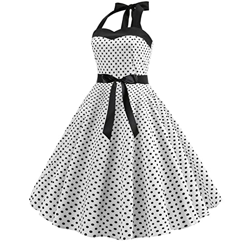 Image of Women Vintage Polka Dot 1950s Rockabilly Halter Audrey Dress Retro Floral Evening Cocktail Swing Dress