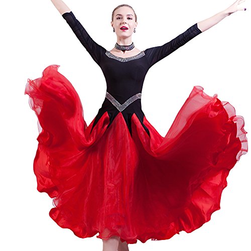 NAKOKOU Women Ballroom Dance Competition Dresses Modern Waltz Standard Ballroom Dance Costumes(Black+Red,S)