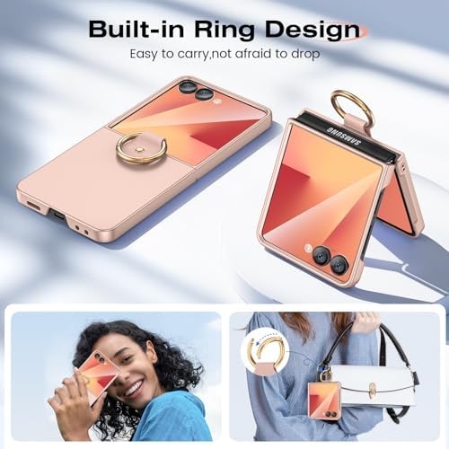 Ruky for Samsung Galaxy Z-Flip-7 Case with Ring, Full Body Shockproof Z Flip7 Case with Built-in Outer Screen Protector Girls Women Cover for Galaxy Z Flip 7, Rose Gold