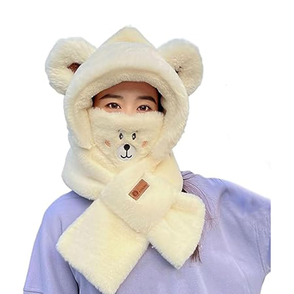 Womens Winter Hats Scarf,3 in 1 Winter Plush Collar Hat,Integrated Ear Protection Windproof Cap Scarf