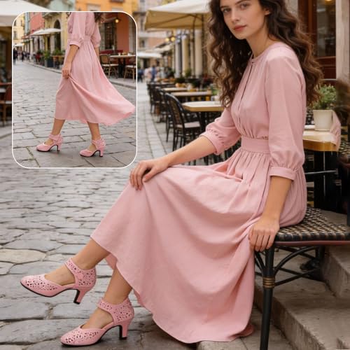 Image of Women's Comfortable Mary Jane Pumps Vintage Cutout Closed Toe Kitten Heels for Dressy Office Work