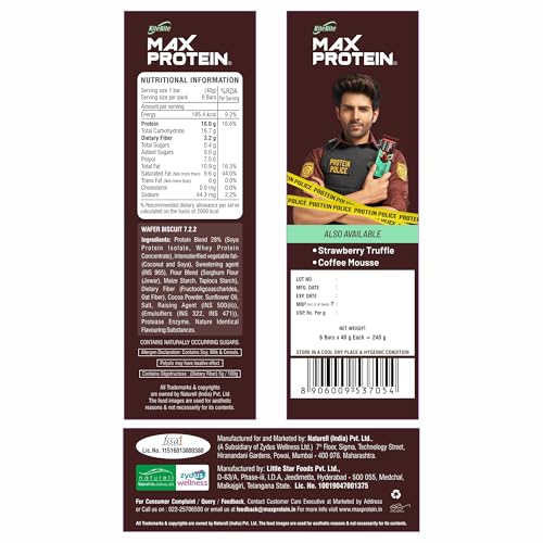 Image of RiteBite Max Protein Choco Temptation 10g Protein Millet Wafer Bars (Pack of 6), No Maida, No Palm Oil, Zero Added Sugar, Crunchy Wafer Snack, 240g