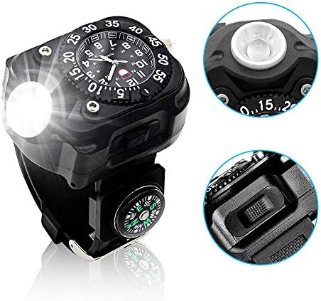 Aifulo Rechargeable LED Watch Wrist Light, Waterproof 350 Lumens Torch with Compass Tactical Flashlights Birthday for Outdoor Running, Hiking, Camping, Biking, Patrol