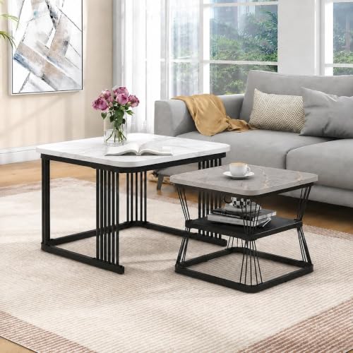 Image of Brown Art Shoppee Set of 2 Modern Coffee Tables with Marble Finish Top, Metal Frame, Nesting Center Table & End Table for Living Room Home Decor (Black & Grey-White)