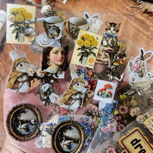 8 Sheets Vintage Aesthetic Sticker, Cartoon Nature Plant Flower Animal Stickers, Waterproof Transparent Cottagecore Art Decals for Scrapbook Journal Water Bottles Laptop Party Decors