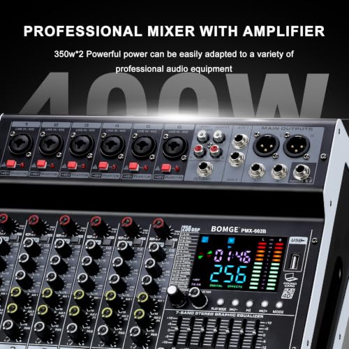 Image of BOMGE Powr Mixers Audio, 6Channel Power Sound Mixer Amplifier 2 * 400W Dj Mixer Board withUSB, 6 X Mic Pres, +48V, Bluetooth, 256 Kinds of DSP for Speakers,concert party, karaoke studio