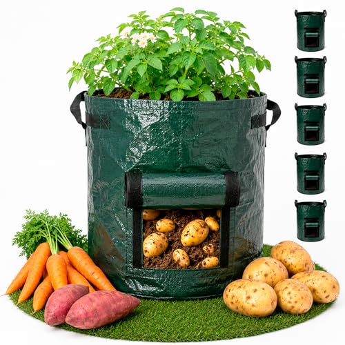 SunVara 10 Gallon Potato Grow Bags, 5 Pack with Handles & Harvest Window