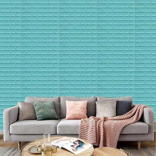 Image of 20 Pack Blue Self-Adhesive Waterproof PE Foam 3D Wall Panels 4mm Thickness Wallpaper Sticker for Bathroom, Living Room, and Home Decoration, 70 x 77cm, Appx. 5.8 Sq Feet.