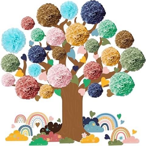 Pajean Classroom Tree Bulletin Board Set with Heart Shape Cutouts 3D Tree with Paper Pom Poms Papercuts Classroom Tree Wall Decorations for Welcome Classroom School Blackboard Wall Decor Cover