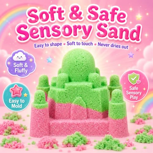 Image of Carolart Unicorn Sensory Bin, Sand Box Kit with Sensory Sand for Girls | Unicorn sand kit , Sensory kit with castle molds and storage bin for creative play, girls gifts for toddlers ages 3+