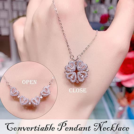 Image of MEENAZ Pendant For Women Girls Ladies girlfriend Wife Jewellery Multi Heart Necklace 4 Magnetic Silver fashion set love Diamond magnet Western Pendants chain Valentine gifts Birthday propose -355