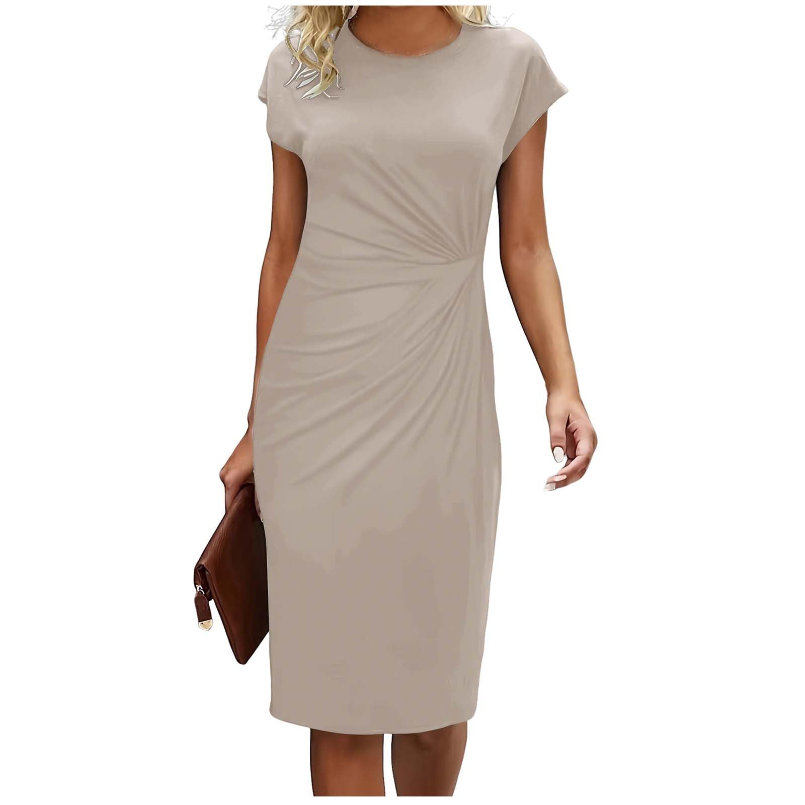 HGps8w Womens Wear to Work Pencil Dresses Elegant Ruched Knee Lenght Cap Sleeve Bodycon Business Office Party Dress