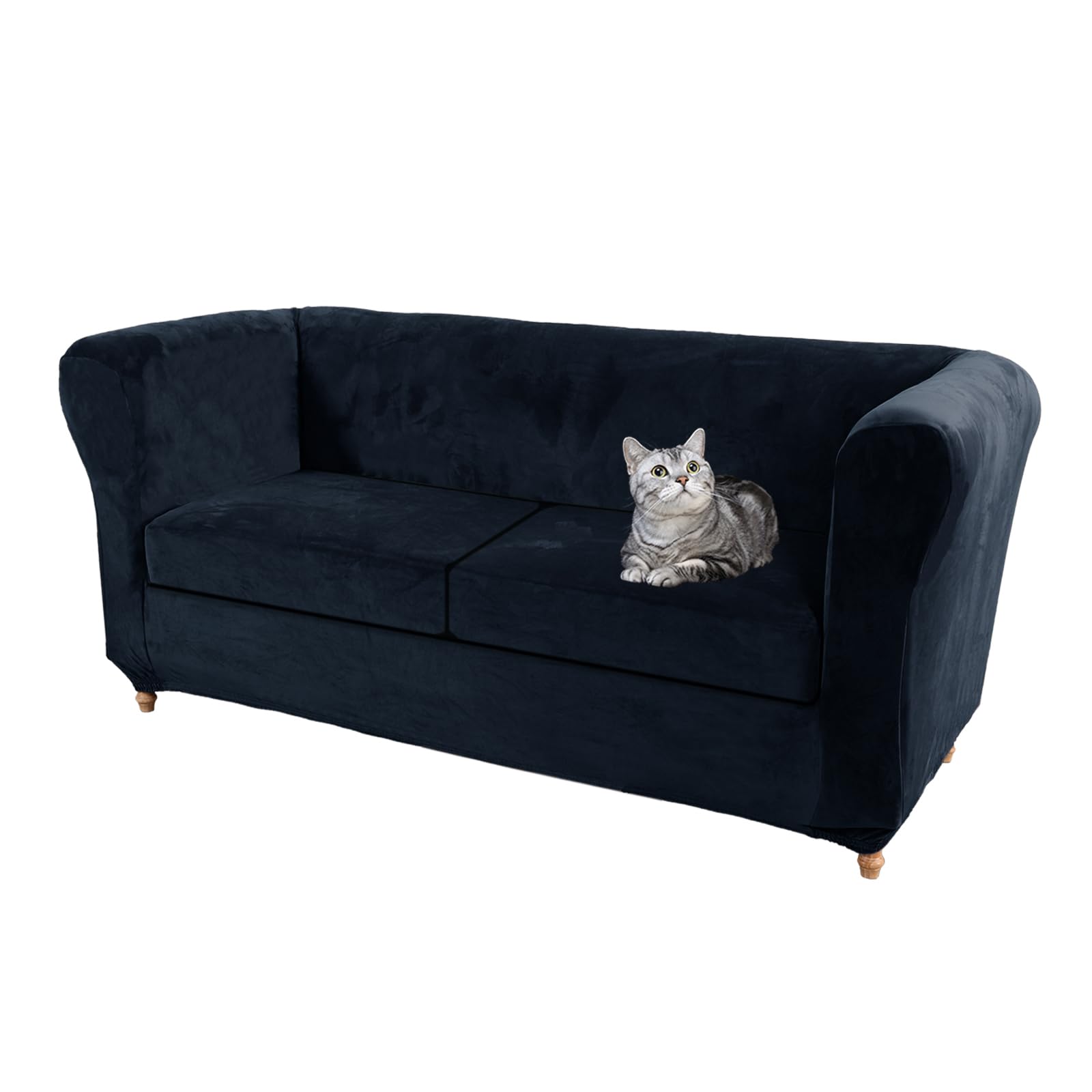 SYLC Velvet Stretch Chesterfield Sofa Cover Couch Cover with Seat Cushion Cover Furniture Protector for Curved Settee Fitted Vintage (Navy,Loveseat +2 Large Seats)