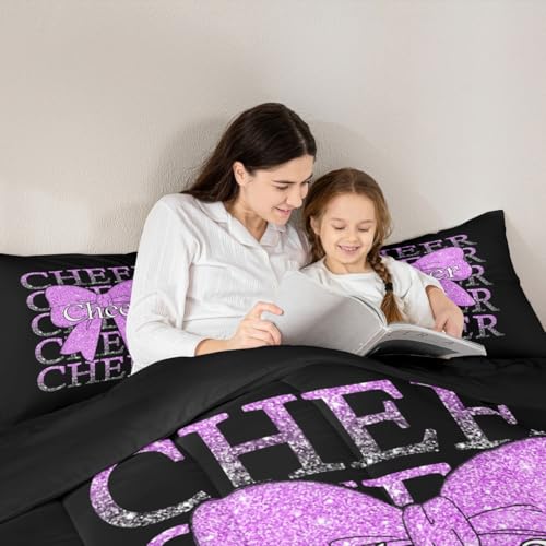 Image of Feelyou Cheer Bow Kids Comforter Set Full Size Cheerleading Bedding Set Funny Sport Duvet Quilt for Kids Boys Girls Bedroom Purple Decor Microfiber Ultra Soft Breathable