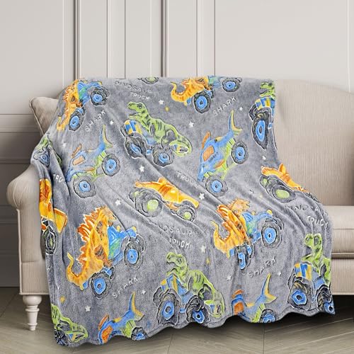 Dinosaur Toys Gifts for Boys Kids Dino Shark Truck Glow in The Dark Blanket Best Birthday Christmas Valentines Easter Presents for Age 1 2 3 4 5 6 7 8 9 10 Years Old Child Teen Soft Throw 60