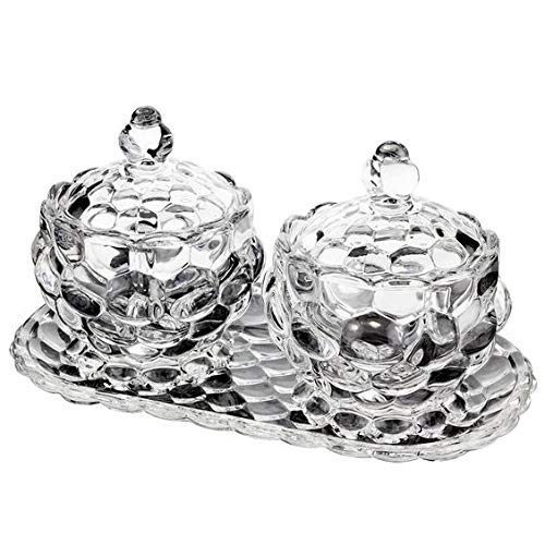 HOMIES INTERNATIONAL Crystal Glass Bubble Pattern Candy Sugar jar Serving Bowl with Tray (Clear) Set of 3 Pieces
