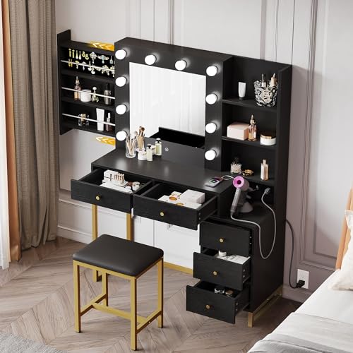 YITAHOME Makeup Vanity Desk with Mirror & Power Outlet, Hollywood Vanity Set with Hidden Jewelry Storage, 5 Drawers and Lots Shelves, Adjustable 3 Lighting Colors, Dressing Table with Stool, Black