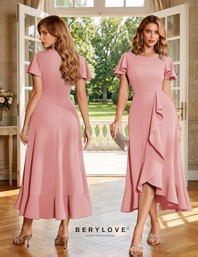 Image of BeryLove Women Formal Party Dress Flutter Short Sleeve Wedding Cocktail Long Evening Dress