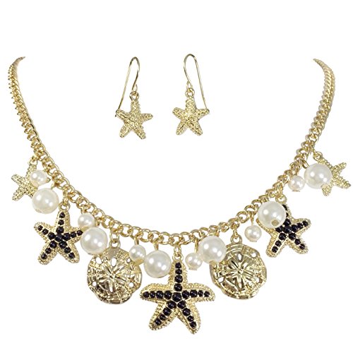 Gypsy Jewels Dainty Starfish Charm Imitation Pearl Dangle Gold Tone Statement Necklace Earring Set (Black)