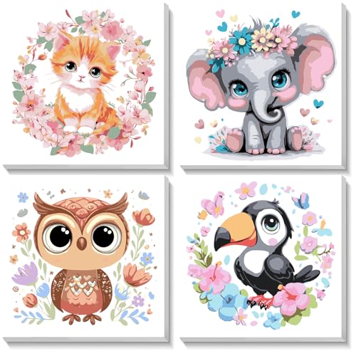 NEWENMO 4 Piezas Animales Pintar por Numeros Kit,Pintura por Numeros con Marco,Patrón de Gatito Elefante Búho Tucán,DIY Paint by Numbers para Decoración Hogar 20x20cm