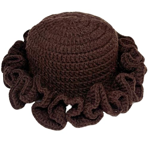 Hshsclth Crochet Hat Knitted Bucket Hats Solid Color Fashion Ruffled Brim Floopy Bucket Hat for Women (US Alpha One Size Brown)