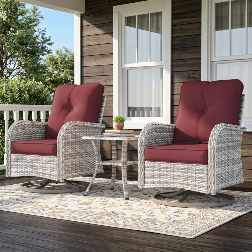 Image of 3-Piece Small Patio Furniture Set, Outdoor Swivel Rocking Chairs Set with Wicker Chairs and Tempered Glass Side Table, Outdoor Furniture Patio Bistro Set for Balcony, Deck, Porch