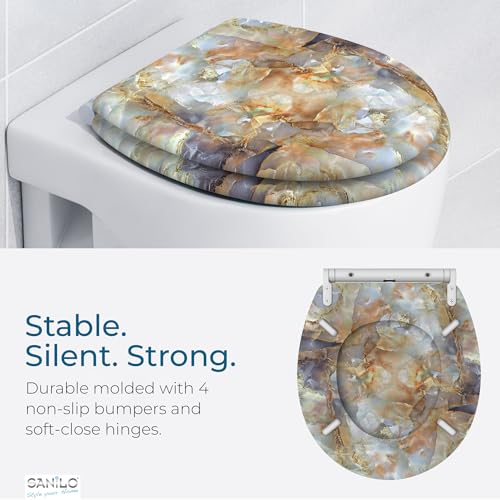 Image of Sanilo Wooden Toilet Seat with Quick Release & Soft Close [ROUND] - Decorative & Slow Close Molded Wood Seat - With One Click for Easy Installation & Cleaning - With Adjustable Fit (Marble Brown)