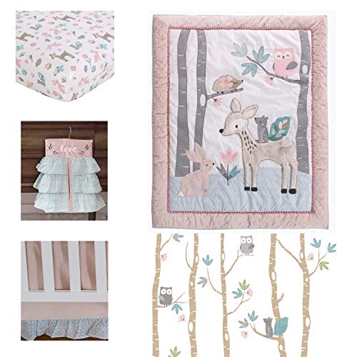 Levtex Baby - Everly Crib Bed Set - Baby Nursery Set - Aqua Blush Grey Teal - Woodland Deer And Friends - 5 Piece Set Includes Quilt, Fitted Sheet, Diaper Stacker, Wall Decal & Bed Skirt/Dust Ruffle #TOP6