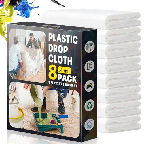 Plastic Drop Cloths for Painting 9x12 Ft Plastic Sheeting 0.4Mil (8-Pack)
