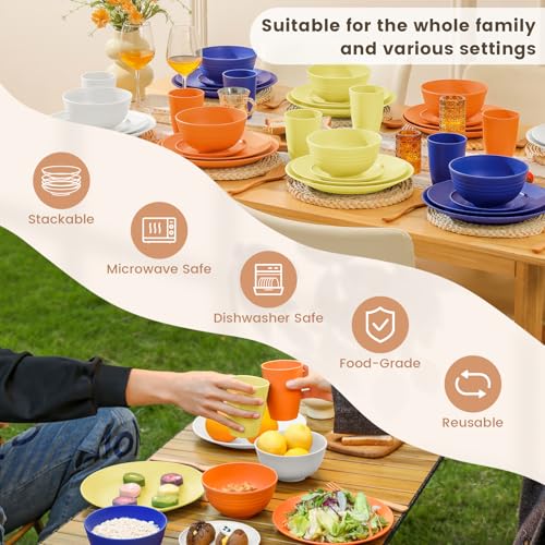 Image of Homienly 40-Piece Wheat Straw Dinnerware Sets, Unbreakable Reusable Dinnerware Set, Service for 8, Kitchen Cups Plates and Bowls Set, Dishwasher Microwave Safe Dishes Set for Camping, Party - Mondrian