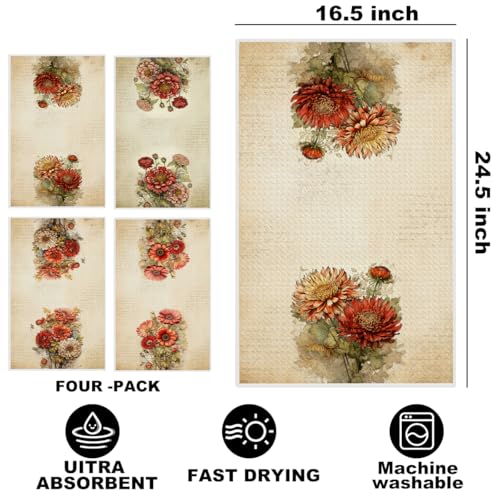 Image of 4Pcs Vintage Red Floral Kitchen Towels, Artistic Flower Decorative Absorbent Microfiber Dish Cloth Tea Towel, Durable Hand Towels for Farmhouse Home Bathroom, Housewarming Gifts