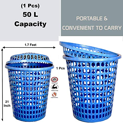 Image of Plastic Laundry Basket With Lid Big Size For Clothes 50 Litre Hamper Bag Dress Storage Toys Organiser Cover Combo With Cap Heavy Duty Round Shape (1 Pcs, Blue)
