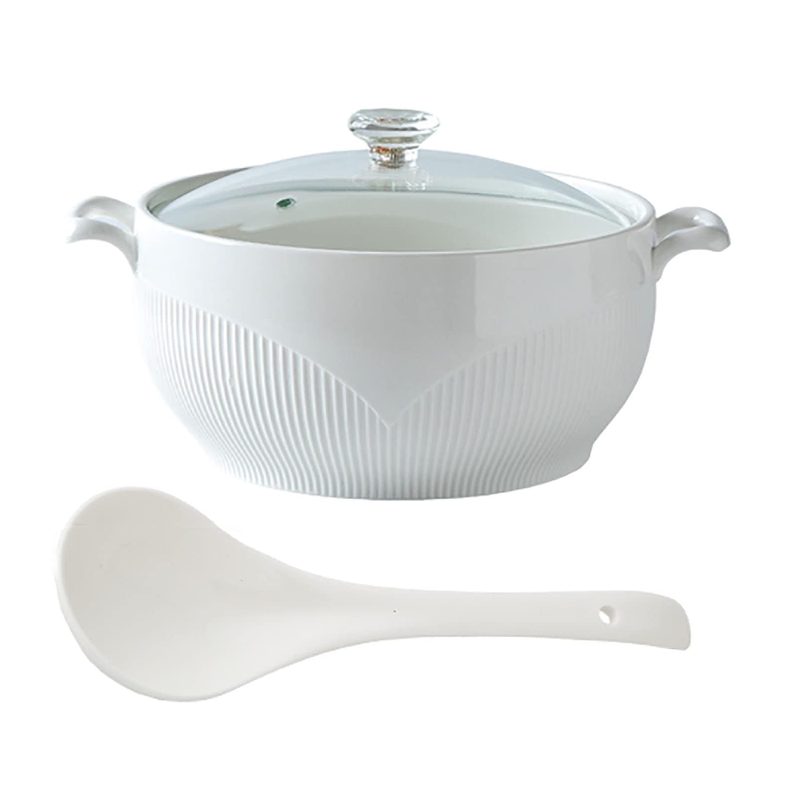 Vnook Zuppiera Rotonda in Ceramica Bianca, zuppiera in Ceramica con Coperchio e mestolo in Vetro, zuppiera in Ceramica con Coperchio a Diamante, zuppiera in Ceramica for Ristorante, 2600 ml