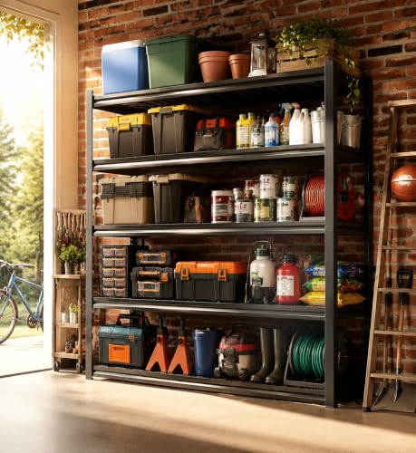 Image of Garage Shelving Heavy Duty Shelving Unit, 3000 LBS 5-Tier Adjustable Boltless Storage Rack, Organizer for Garage Warehouse Kitchen Basement Workshop Household Supplies, 72 inchH x 35.4 inchW x 15.7 inchD, Black