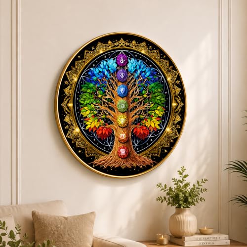 Image of PAINTINGMANTRA Chakra Tree of Life Round Wall Art Painting With Frame For Living Room | 7 Chakra Vastu Decor Framed Painting | Spiritual Round Wall Hanging for Home, Meditation Room & Gifting, 16 Inch