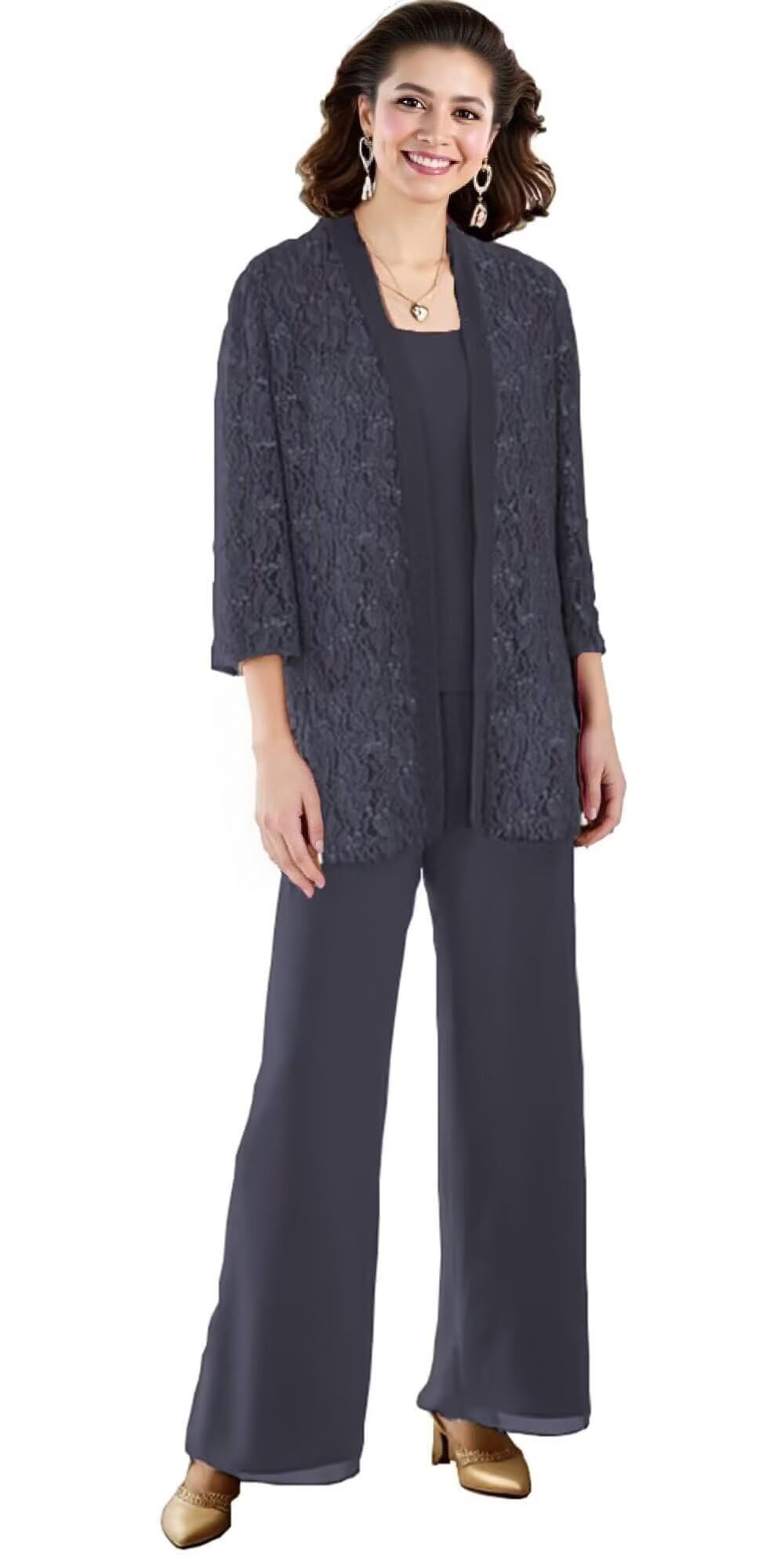3 Pieces Mother of The Bride Pantsuits for Wedding Long Sleeve Lace Outfit Dressy Pant Suits