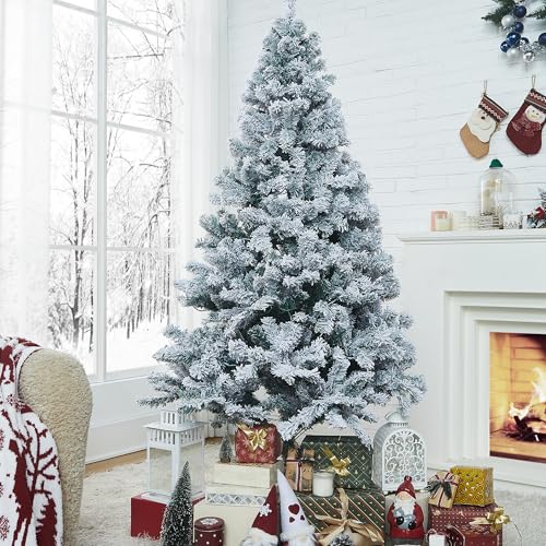 Frosted Christmas Tree 6ft Pre-Lit with 250 Warm White LED Lights, 8 Lighting Functions, Snow...