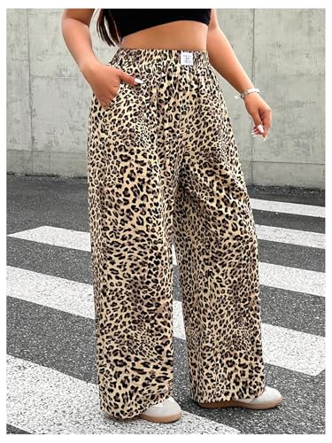 OYOANGLE Women's Plus Size Leopard Print Long Pants Elastic High Waist Wide Leg Y2K Baggy Trousers Streetwear4