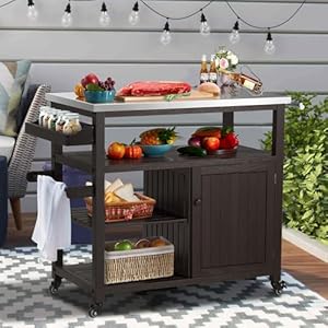 Ahb outdoor grill table solid wood storage cabinet rolling kitchen island movable bar cart with stainless steel top for outside patio backyard garden brown  urban country home decor
