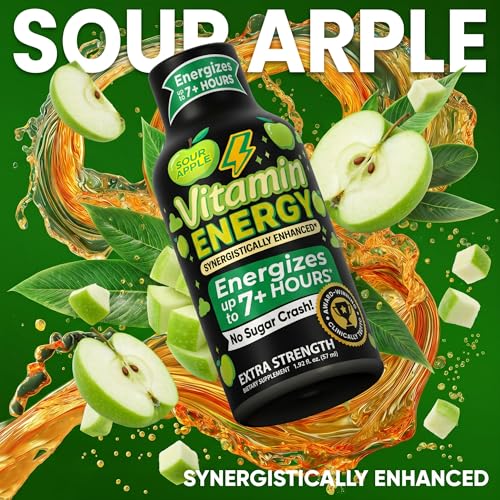 Image of Vitamin Energy Sour Apple Extra Strength Energy Shot, 8 Pack - Up to 7 Hrs, 260mg Natural Caffeine, Zero Sugar - Beta-Alanine + Electrolytes, Workout Support, B12 B6 Niacin, 1.93 fl oz, Keto Vegan