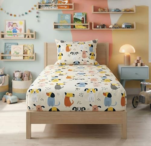 Image of BSB HOME 220TC Kids Single Bedsheet with Pillow Cover, Soft Breathable Cotton, Cute Animal Print Design, Elastic Fitted Bed Sheet for Kids Bedroom, 72 x 36 + 8 Inches (Puupy Print Off White)