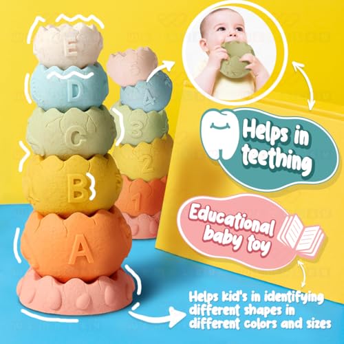 Image of Wembley Stacking Toys for Kids Baby Bath Toys Colorful Toddler Soft Activity 6 Dinosaur Cups Textured with Numbers Letters Sensory Teething Toys for Toddler 0-3-6-12-18 Months