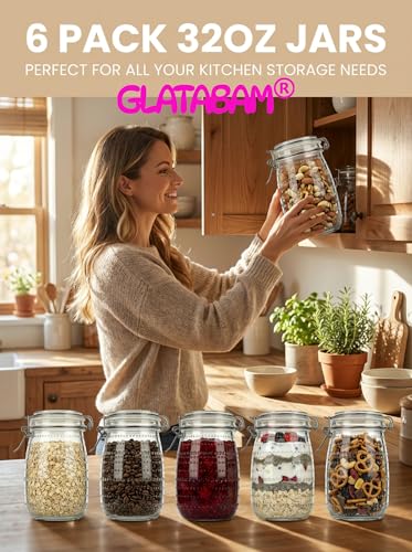 Image of 32 OZ Glass Mason Jars with Airtight Clip-Top Lids 6 Pack, Wide Mouth Reusable Glass Storage Jars for Kitchen Pantry, Pickling, Jam, Coffee Beans & Meal Prep (32 oz)
