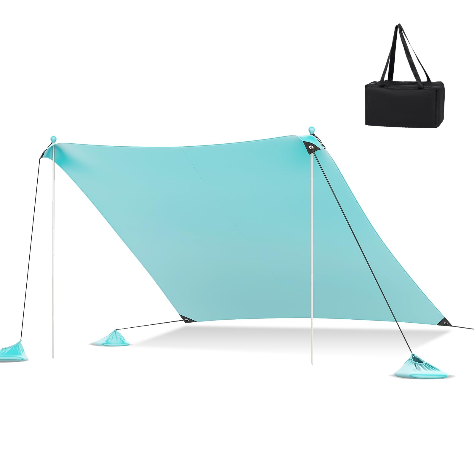 SPOTRAVEL 3 x 3m Beach Tent Sun Shelter, 4-8 People UPF50+ Beach Sunshade with 2 Poles, 4 Sandbags, Ground Pegs & Carry Bag, Outdoor Portable Beach Canopy Tent for Camping Fishing Picnic (Turquoise)