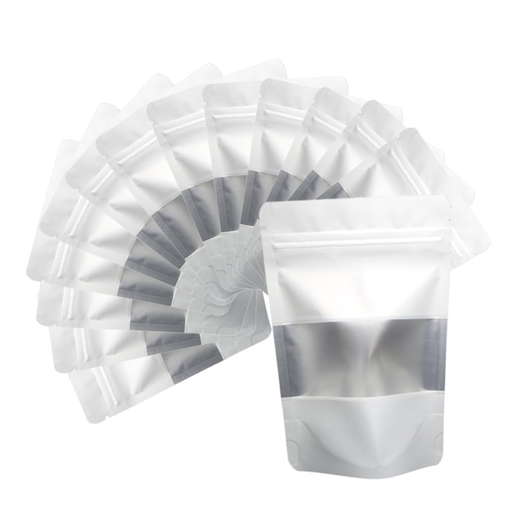 4CP 100 Pcs White Zipper Smell Proof Bags with Window, 6.3x9.5 Inch Stand Up Foil Pouches for Food Selfsealing Storage, Reusable Bag for Packaging