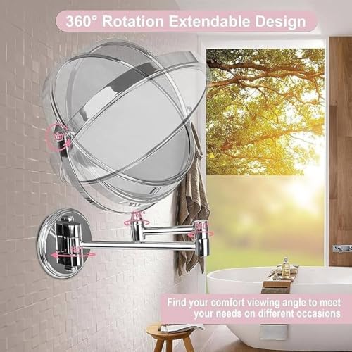 Image of Ontap Wall Mounted 360 Swivel Magnifying Mirror for Bathroom | Double Sided Makeup Mirror with Adjustable Arm | Chrome Finish Round Shaving Mirror for Vanity & Grooming