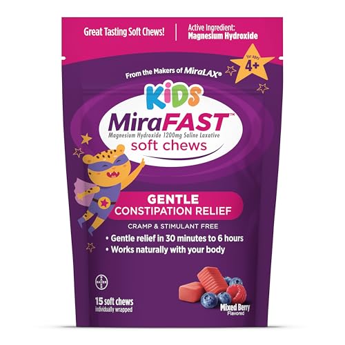 MiraFAST Kids Soft Chews, from The Makers of MiraLAX, Gentle Constipation Relief for Kids 4+ and Adults, Fast Acting Saline Laxative, Stimulant Free Saline Laxative, Mixed Berry Flavor, 15ct