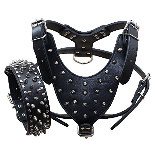 PU Leather Spiked Studded Dog Collars, Harnesses 2Pcs Matching Set for Medium & Large Dogs Pit Bull,Mastiff, Boxer, Bull Terrier (Studs Black, L)