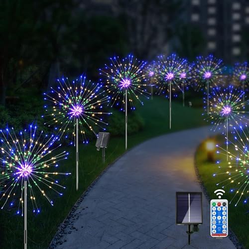 Ovker Lot de 4 Lampes Solaires Extérieur - 120 LED - 8 modes - Solaire Décoration de Jardin - Pissenlit - Résistante aux intempéries - Pour jardin, balcon, noel decoration - Multicolore