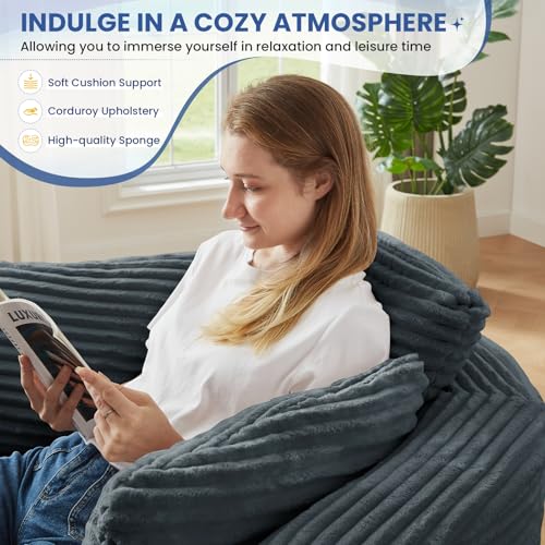 Image of 48.8-inch Round Chair, Modern Accent Corduroy Comfy Deep Seat Boneless Foam Floor Single Circle Chaise Sofa Chair with 3 Pillows for Living Room Bedroom Office, No Assembly Required, Dark Grey